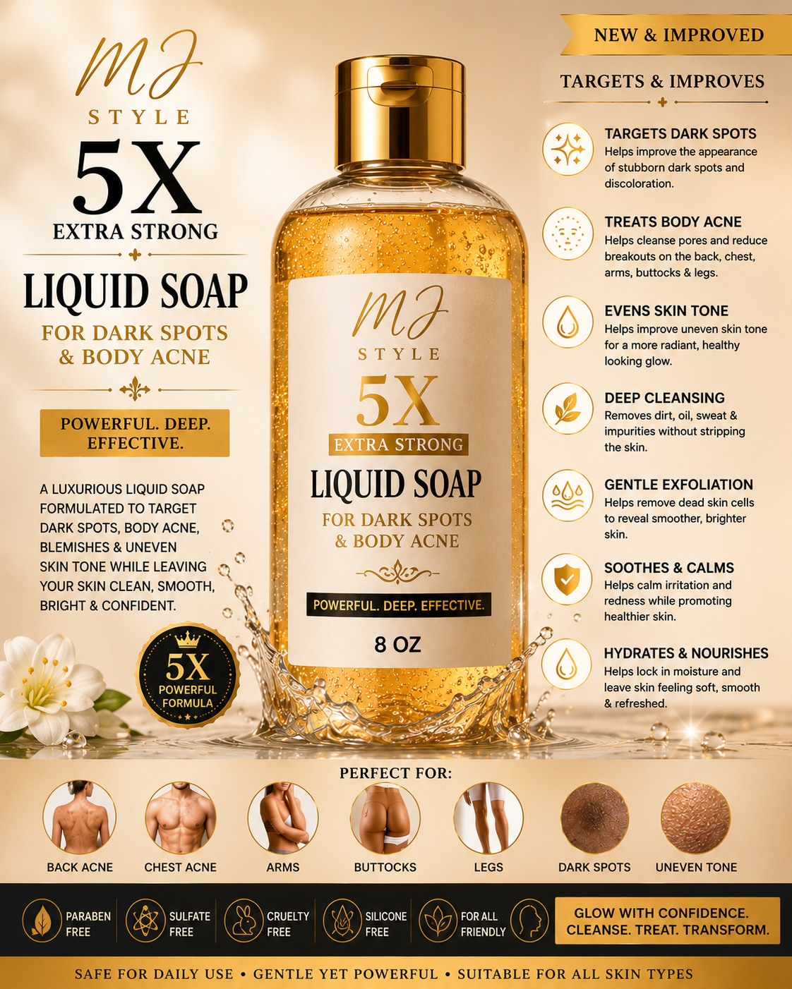 MJ STYLE 5X EXTRA STRONG LIQUID SOAP FOR DARK SPOTS & BODY ACNE – 8 OZ