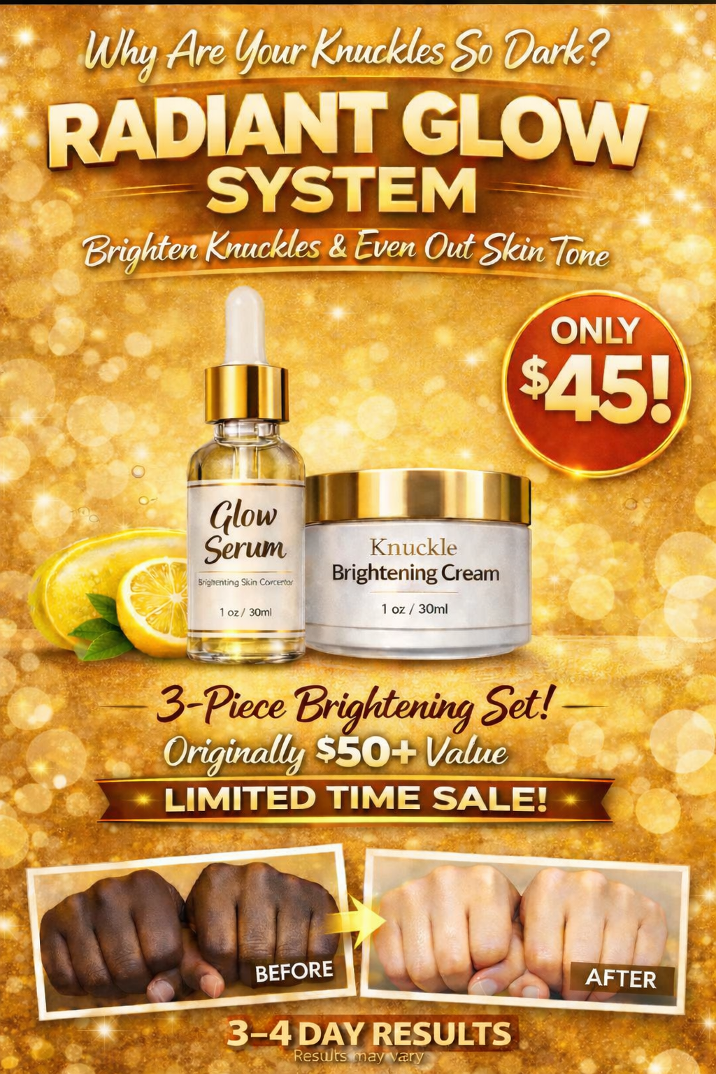 3–4 Day Glow Kit – Full Body Serum + Knuckle Brightening Cream for Dark Spots & Uneven Skin
