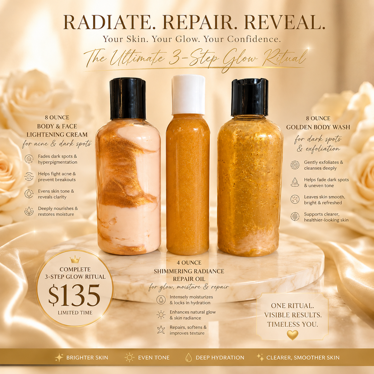 Golden Radiance 3-Step Glow Ritual Bundle | Cream, Repair Oil & Body Wash